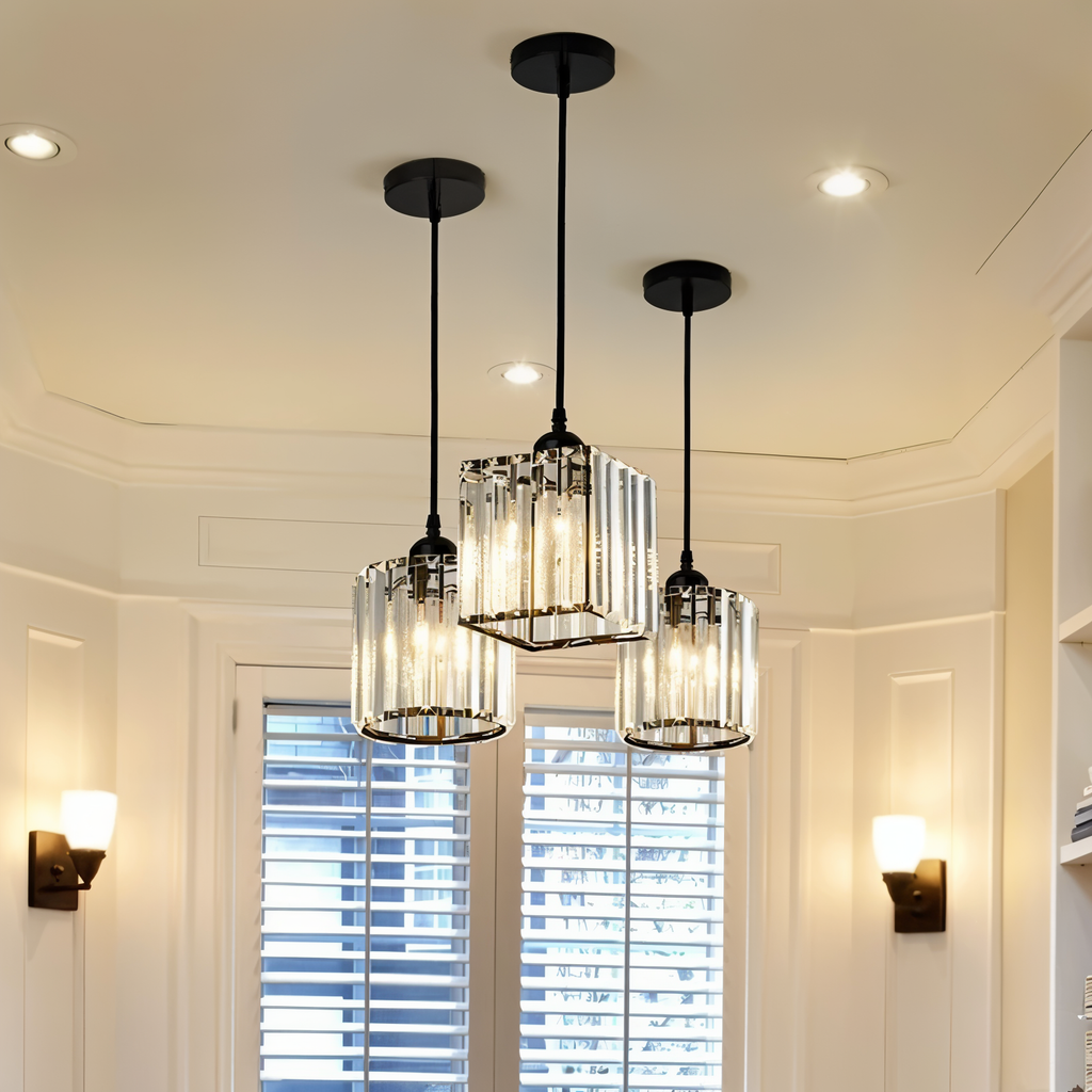 Elegant Crystal Pendant Light with Adjustable Height – Black or Gold Finish