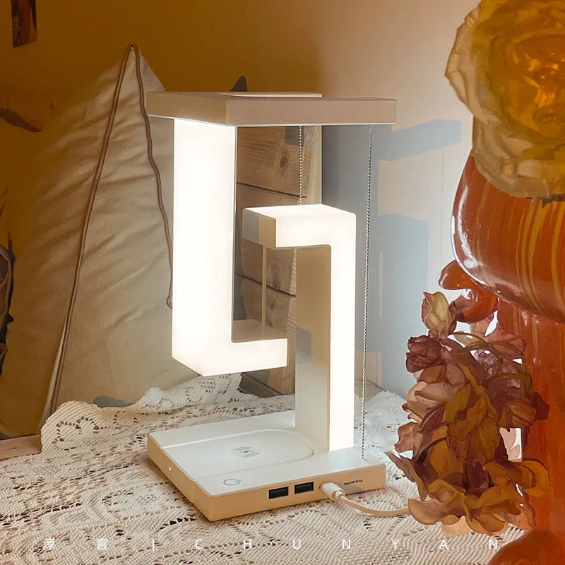 Floating LED Table Lamp with Wireless Charging and Adjustable Brightness – Modern Design for Home and Office