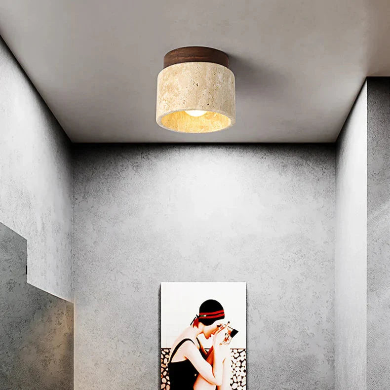 Minimalist Japanese Ceiling Lamp with LED Lighting – Cream Marble and Wood Design