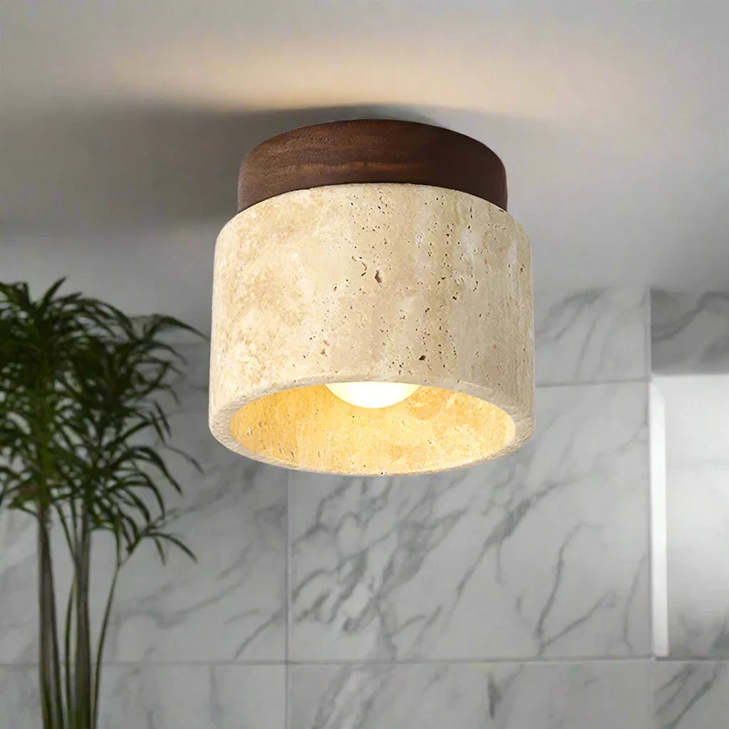 Minimalist Japanese Ceiling Lamp with LED Lighting – Cream Marble and Wood Design