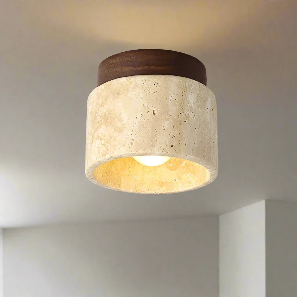 Minimalist Japanese Ceiling Lamp with LED Lighting – Cream Marble and Wood Design