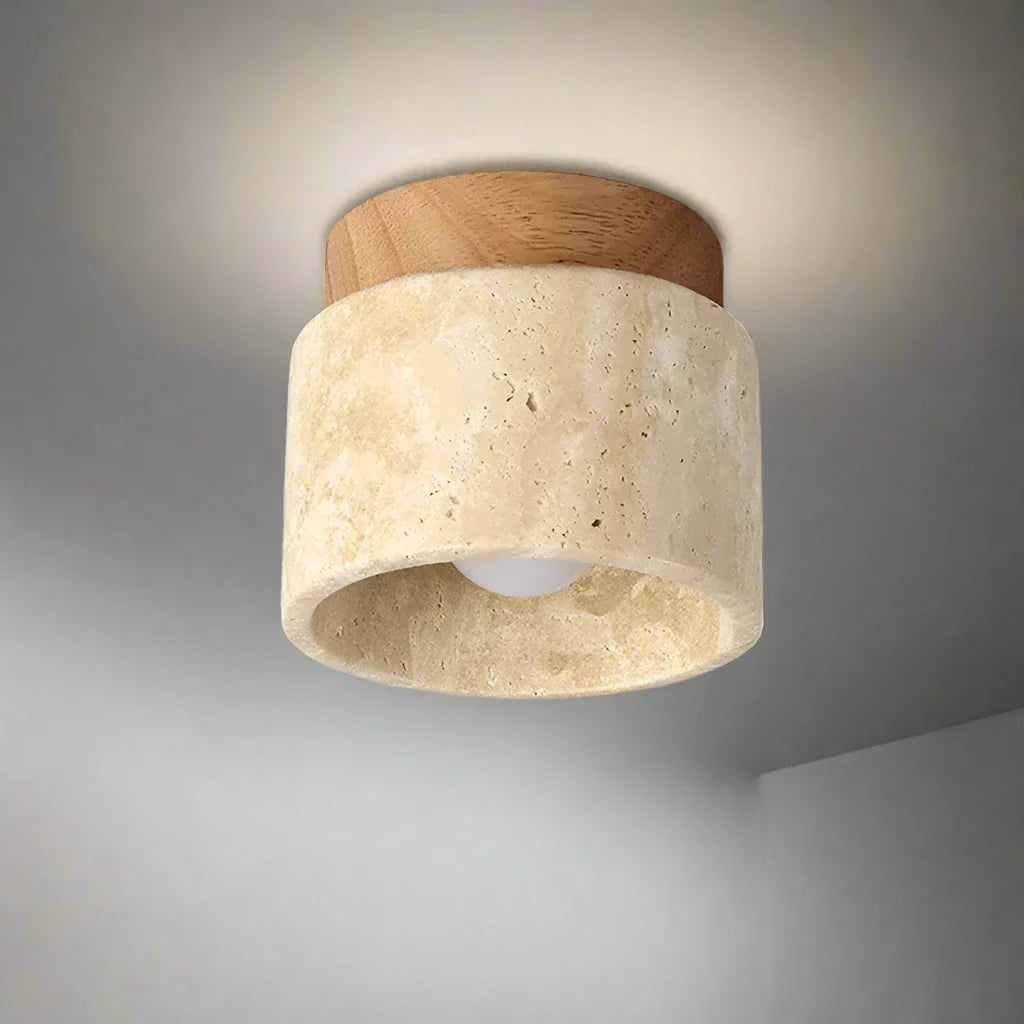 Minimalist Japanese Ceiling Lamp with LED Lighting – Cream Marble and Wood Design