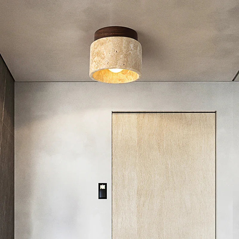 Minimalist Japanese Ceiling Lamp with LED Lighting – Cream Marble and Wood Design