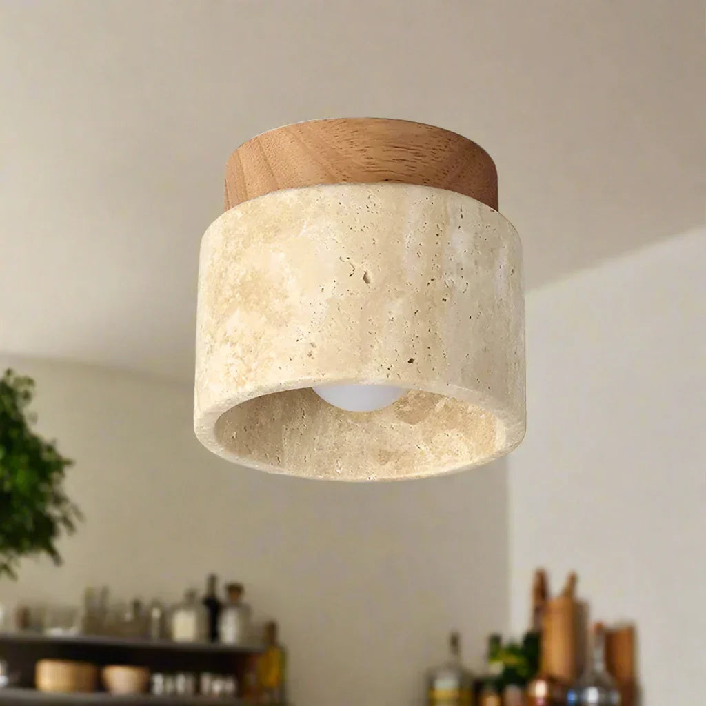 Minimalist Japanese Ceiling Lamp with LED Lighting – Cream Marble and Wood Design