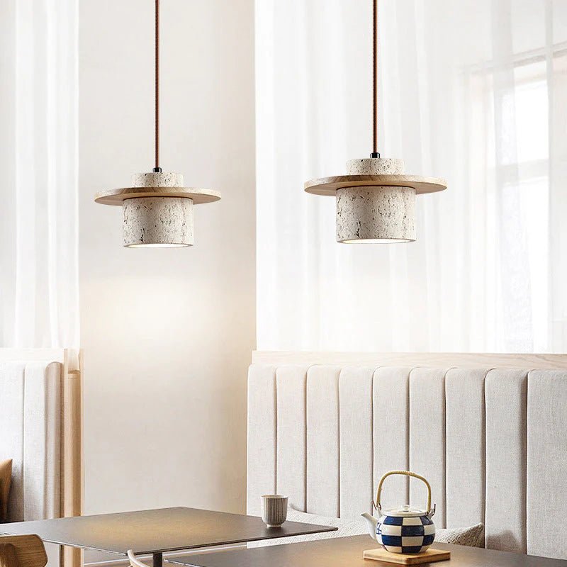 Natural Travertine Stone Pendant Light with Adjustable Cord – Elegant Kitchen Hanging Light for Modern Interiors