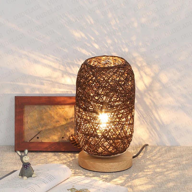Rattan Table Lamp with Woven Rope Shade and Wooden Base – Cozy Bedside Lamp for Living Room and Bedroom