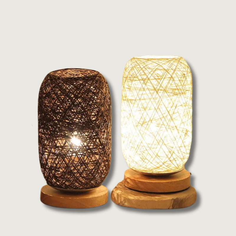Rattan Table Lamp with Woven Rope Shade and Wooden Base – Cozy Bedside Lamp for Living Room and Bedroom