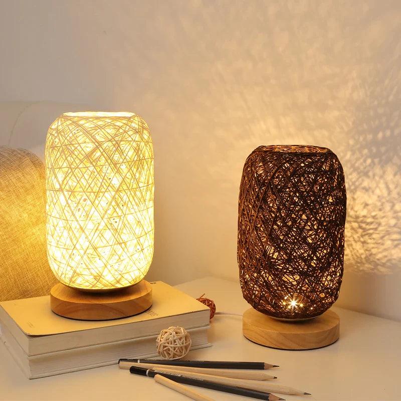 Rattan Table Lamp with Woven Rope Shade and Wooden Base – Cozy Bedside Lamp for Living Room and Bedroom