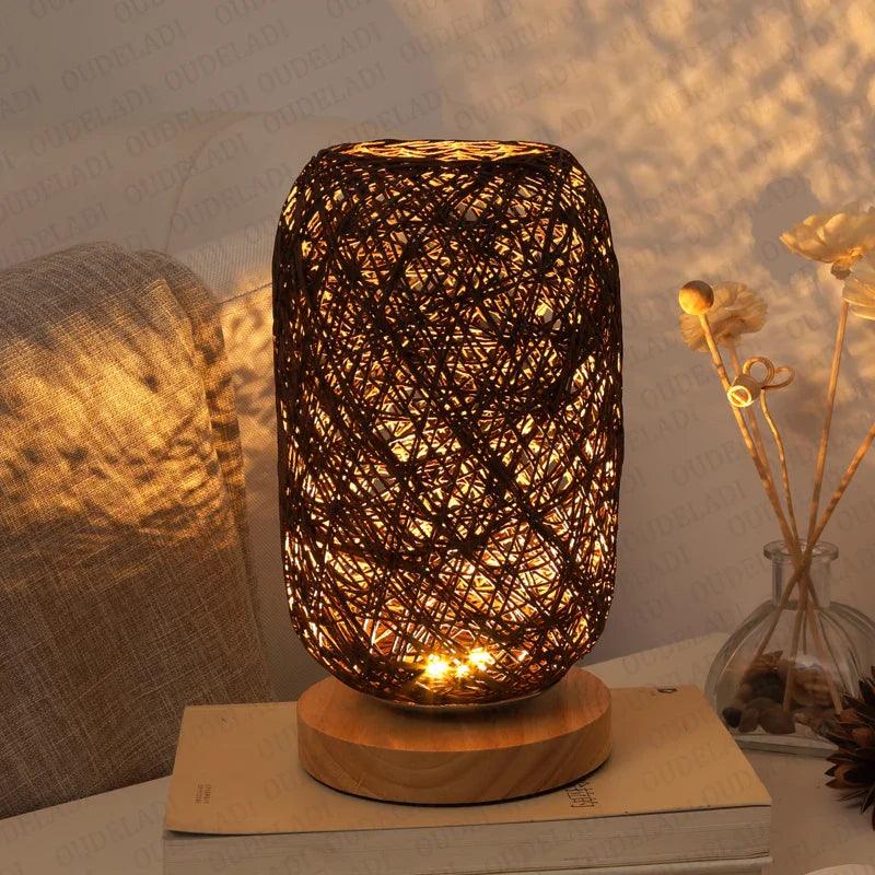 Rattan Table Lamp with Woven Rope Shade and Wooden Base – Cozy Bedside Lamp for Living Room and Bedroom