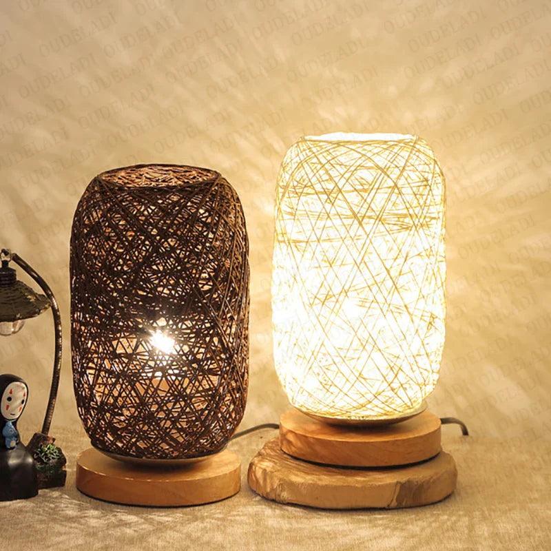 Rattan Table Lamp with Woven Rope Shade and Wooden Base – Cozy Bedside Lamp for Living Room and Bedroom
