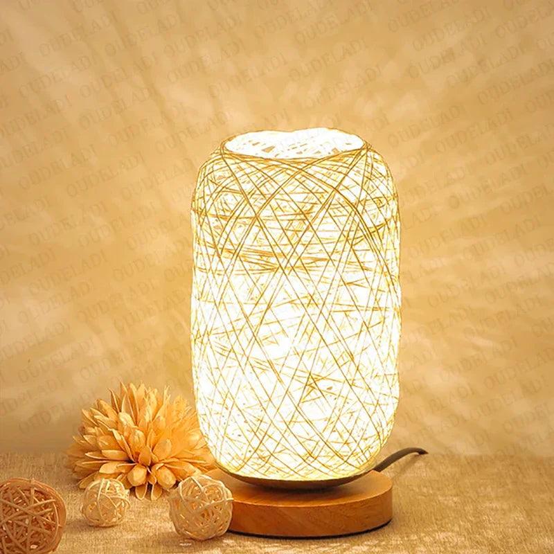 Rattan Table Lamp with Woven Rope Shade and Wooden Base – Cozy Bedside Lamp for Living Room and Bedroom