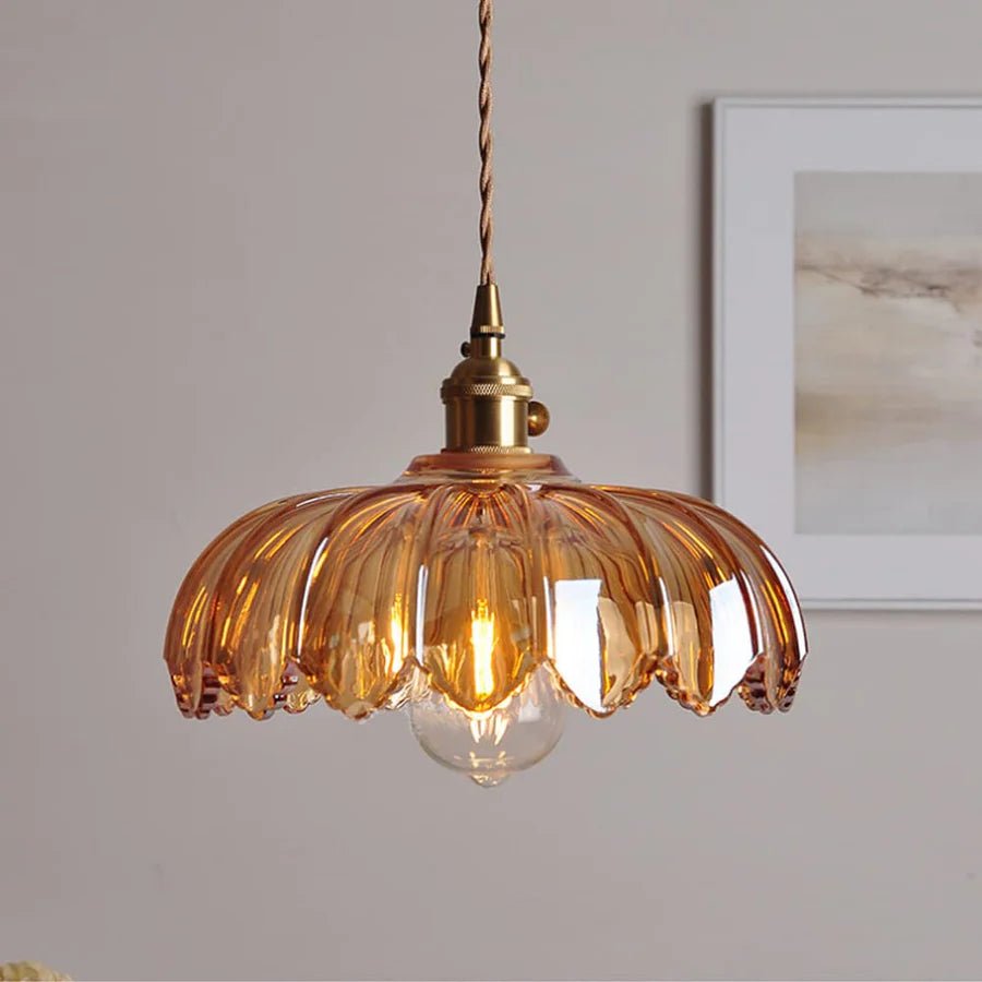 Vintage Floral Scalloped Glass Pendant Lamp – Victorian Style Kitchen Pendant Lighting with Adjustable Cable