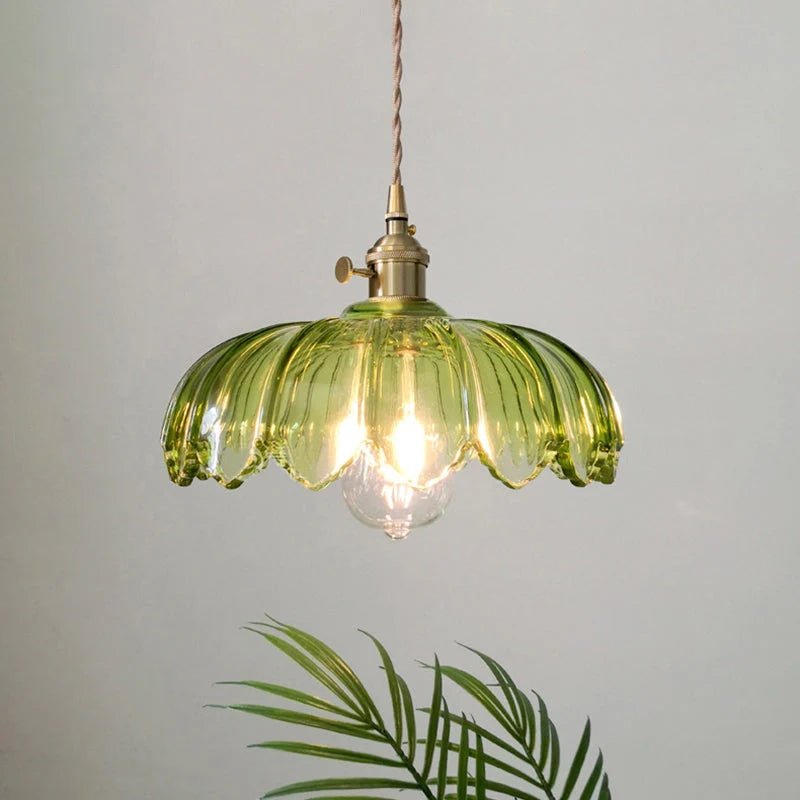 Vintage Floral Scalloped Glass Pendant Lamp – Victorian Style Kitchen Pendant Lighting with Adjustable Cable