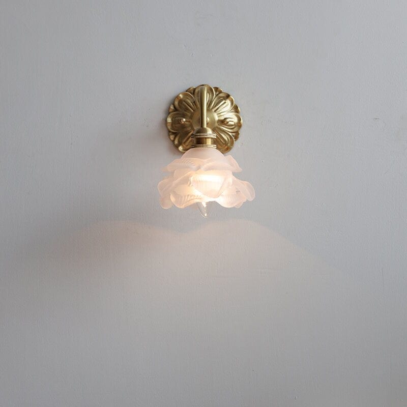 Frosted Layered Glass Flower Wall Light with Brushed Brass Carved Flower Fixture - Bulb Included