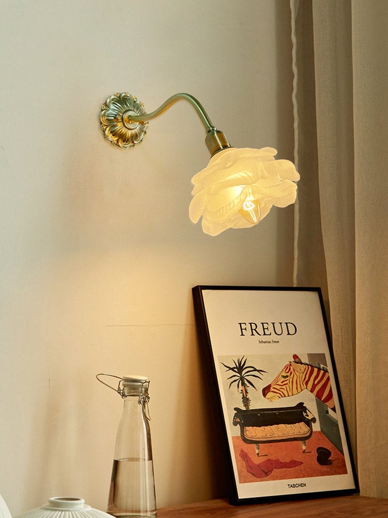 Frosted Layered Glass Flower Wall Light with Brushed Brass Carved Flower Fixture - Bulb Included