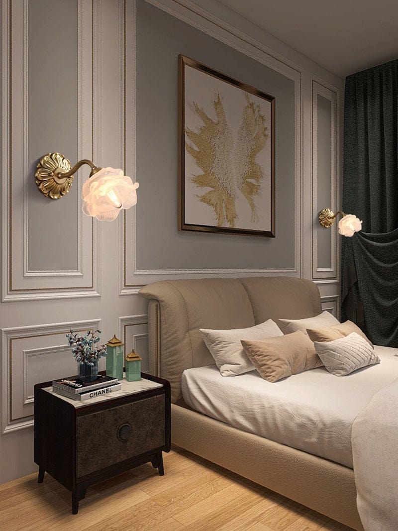 Frosted Layered Glass Flower Wall Light with Brushed Brass Carved Flower Fixture - Bulb Included